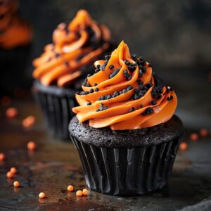 Dark black velvet cupcakes topped with swirls of orange frosting on a white plate
