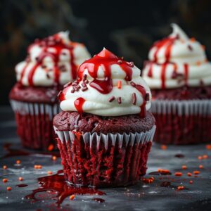 Bloody red velvet cupcakes with cream cheese frosting and dripping strawberry sauce