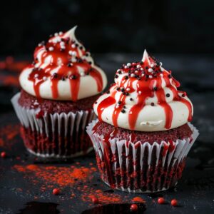 Bloody red velvet cupcakes with cream cheese frosting and dripping strawberry sauce
