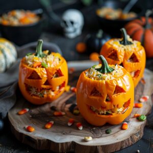 🎭 Jack-O’-Lantern Stuffed Peppers 2 Halloween stuffed peppers carved like Jack-O’-Lanterns, filled with cheesy rice and beef, in a baking dish