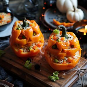 🎭 Jack-O’-Lantern Stuffed Peppers 3 Halloween stuffed peppers carved like Jack-O’-Lanterns, filled with cheesy rice and beef, in a baking dish