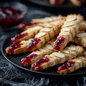 Halloween Witch Finger Cookies with almond nails and strawberry jam on a baking tray