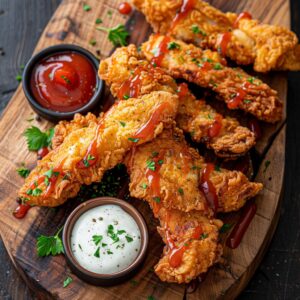 Crispy chicken strips baked to golden perfection on a wire rack