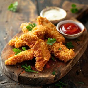 Crispy chicken strips baked to golden perfection on a wire rack