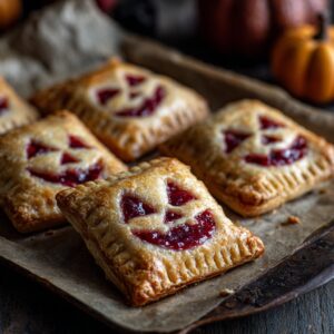 Freshly baked Apple-Raspberry Face Pies with golden flaky pastry and spooky Halloween cutouts on a rustic baking tray.