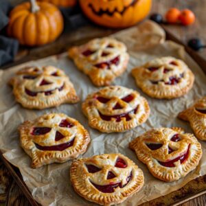 Freshly baked Apple-Raspberry Face Pies with golden flaky pastry and spooky Halloween cutouts on a rustic baking tray.