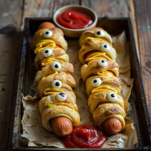 👻 Mummy Hot Dogs (Crescent Roll Sausages) 2 Mummy hot dogs wrapped in crescent roll dough on a Halloween-themed serving plate