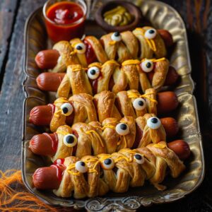 👻 Mummy Hot Dogs (Crescent Roll Sausages) 3 Mummy hot dogs wrapped in crescent roll dough on a Halloween-themed serving plate