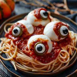 Monster Eyeball Spaghetti (Spooky Dinner Idea) 2 A plate of Monster Eyeball Spaghetti with mozzarella-stuffed meatballs topped with olive slices, served over spaghetti and marinara.