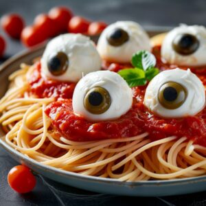 Monster Eyeball Spaghetti (Spooky Dinner Idea) 3 A plate of Monster Eyeball Spaghetti with mozzarella-stuffed meatballs topped with olive slices, served over spaghetti and marinara.
