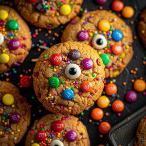 Monster Mash Cookies with bright colors and candy googly eyes on a tray