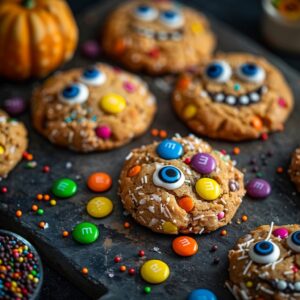 Monster Mash Cookies with bright colors and candy googly eyes on a tray