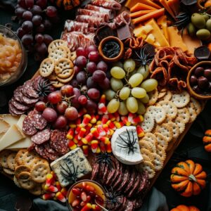 🎃 Halloween Charcuterie Board (Spooky Snack Platter) 2 Spooky Halloween Charcuterie Board with meats, cheeses, candy, and festive snacks on a wooden platter