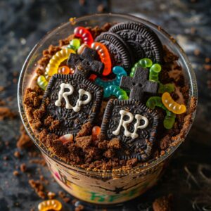 Graveyard Dirt Cups with Oreo cookie tombstones in clear cups topped with gummy worms and Halloween sprinkles