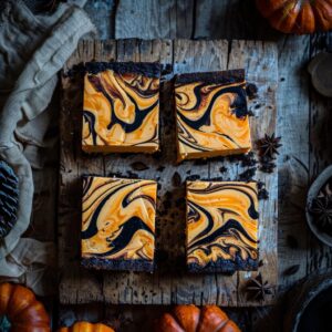 Pumpkin cheesecake bars with swirled cream cheese and graham cracker crust, sliced into squares on a wooden board.