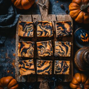 Pumpkin cheesecake bars with swirled cream cheese and graham cracker crust, sliced into squares on a wooden board.