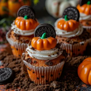 Pumpkin Patch Cupcakes with Cream Cheese Frosting 2 Decorated pumpkin cupcakes for Halloween with orange icing and candy stems