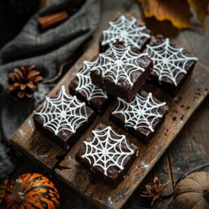 đ§ Spiderweb Brownies 2 Spiderweb brownies topped with white chocolate web design on a black Halloween-themed platter