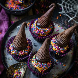 🧙 Witch Hat Cupcakes with Chocolate Cones 3 maazouzpro Overhead shot of Halloween witch hat cupcakes with ea92320a 4937 42f6 aff4 7cebb9a53c83 1 11zon