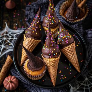 🧙 Witch Hat Cupcakes with Chocolate Cones 2 Witch Hat Cupcakes topped with chocolate-dipped ice cream cones and colorful Halloween sprinkles