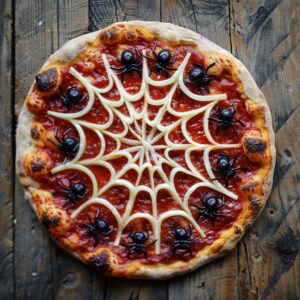 Homemade Spiderweb Pizza with ricotta cheese web and black olive spiders on a baking sheet