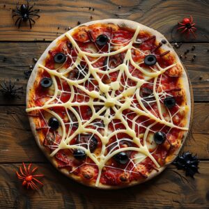 Homemade Spiderweb Pizza with ricotta cheese web and black olive spiders on a baking sheet
