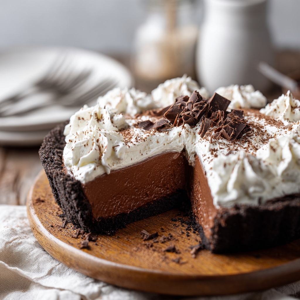 No-Bake Chocolate Cream Pie in a cookie crust topped with whipped cream