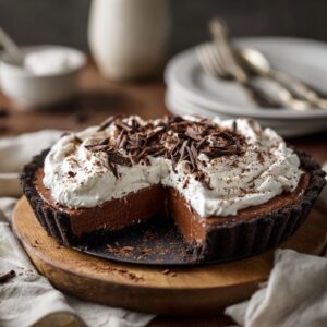 No-Bake Chocolate Cream Pie in a cookie crust topped with whipped cream