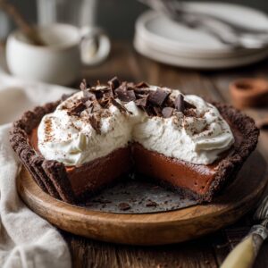 No-Bake Chocolate Cream Pie in a cookie crust topped with whipped cream
