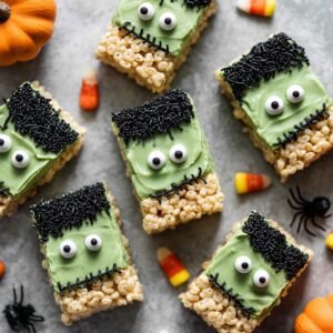 Frankenstein Rice Krispie Treats decorated with candy eyes and chocolate hair on a Halloween-themed plate