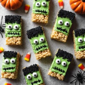 Frankenstein Rice Krispie Treats decorated with candy eyes and chocolate hair on a Halloween-themed plate