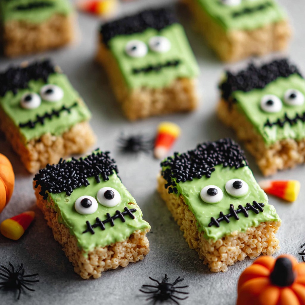 Frankenstein Rice Krispie Treats decorated with candy eyes and chocolate hair on a Halloween-themed plate