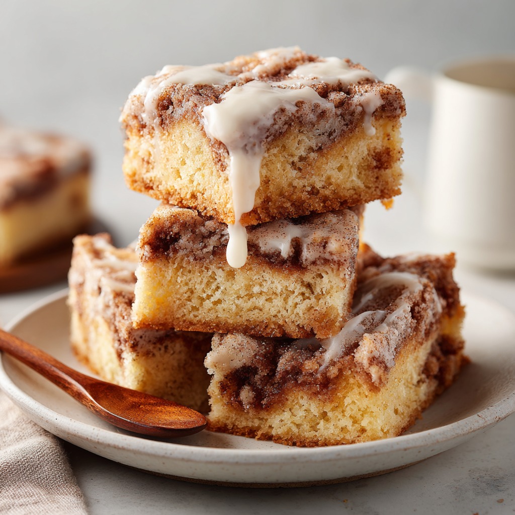 Cinnamon Roll Bliss Bars 1 Freshly baked cinnamon roll bliss bars swirled with cinnamon sugar and drizzled with cream cheese glaze, cut into squares on a wooden board.