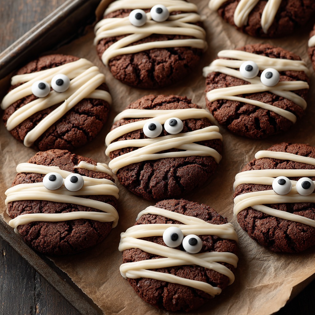 Halloween Mummy Cookies 1 Halloween Mummy Cookies decorated with white chocolate bandages and candy eyes on a parchment-lined tray