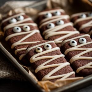 Halloween Mummy Cookies 2 Halloween Mummy Cookies decorated with white chocolate bandages and candy eyes on a parchment-lined tray