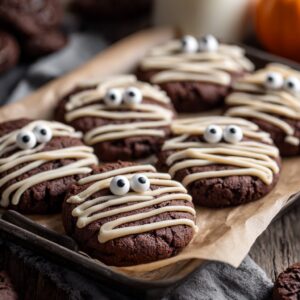 Halloween Mummy Cookies 3 Halloween Mummy Cookies decorated with white chocolate bandages and candy eyes on a parchment-lined tray