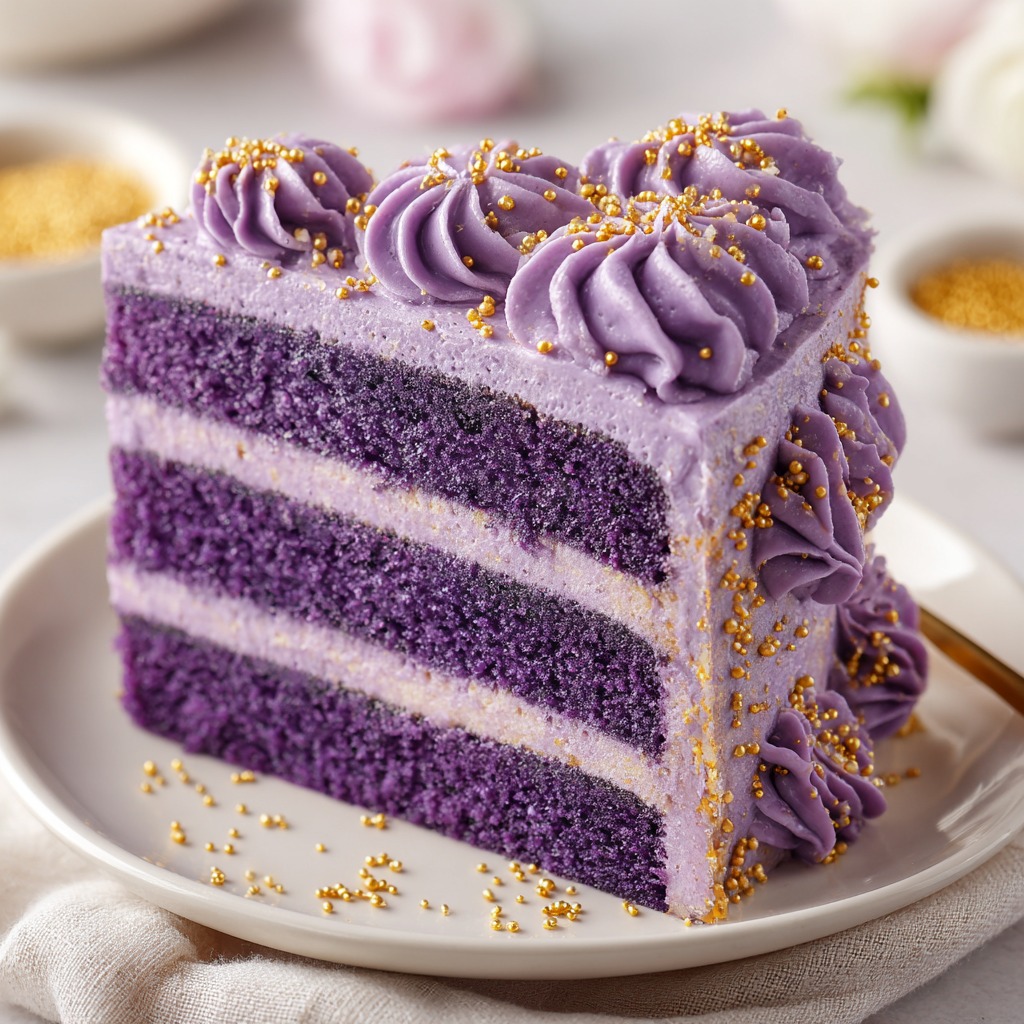Slice of vibrant purple ube cake with whipped cream frosting on a white plate
