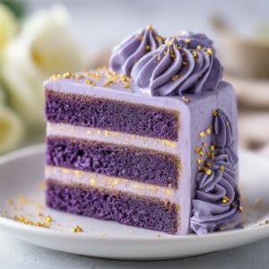 Slice of vibrant purple ube cake with whipped cream frosting on a white plate