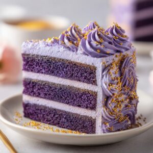 Slice of vibrant purple ube cake with whipped cream frosting on a white plate