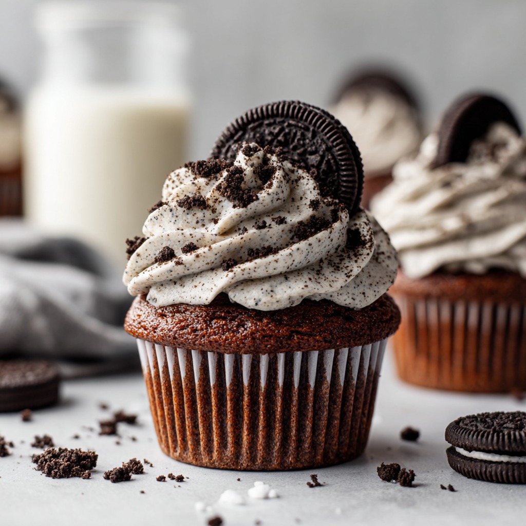 Cookies & Cream Cupcakes topped with creamy frosting and cookie crumbs