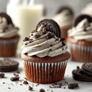 Cookies & Cream Cupcakes topped with creamy frosting and cookie crumbs