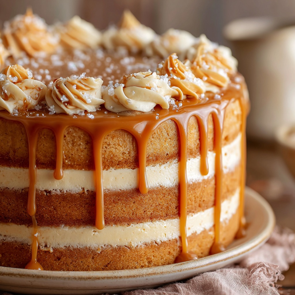 Salted Caramel Layer Cake with gooey caramel drizzle and flaky sea salt on top