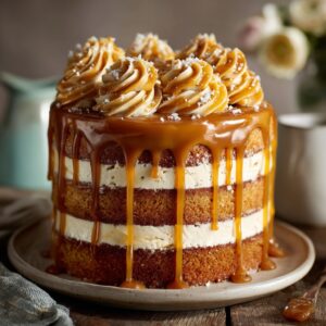 Salted Caramel Layer Cake with gooey caramel drizzle and flaky sea salt on top