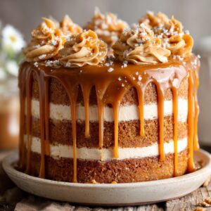 Salted Caramel Layer Cake with gooey caramel drizzle and flaky sea salt on top