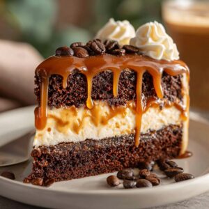 Mocha caramel coffee cake with streusel topping and caramel drizzle, served on a white plate