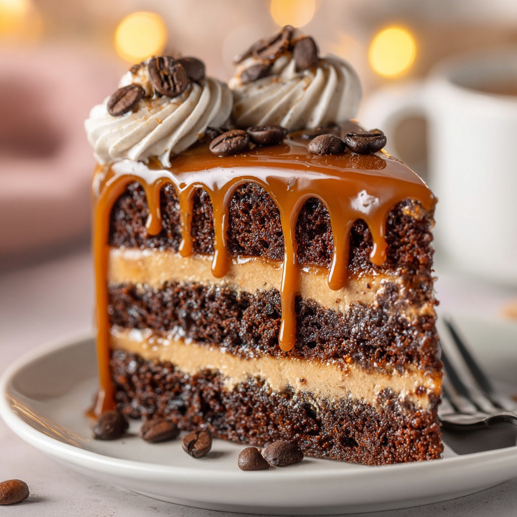 Mocha caramel coffee cake with streusel topping and caramel drizzle, served on a white plate