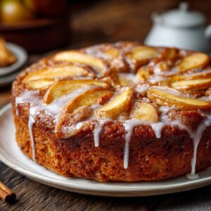 Glazed Cinnamon Apple Cake 2 Glazed Cinnamon Apple Cake on a plate with sweet vanilla glaze drizzle