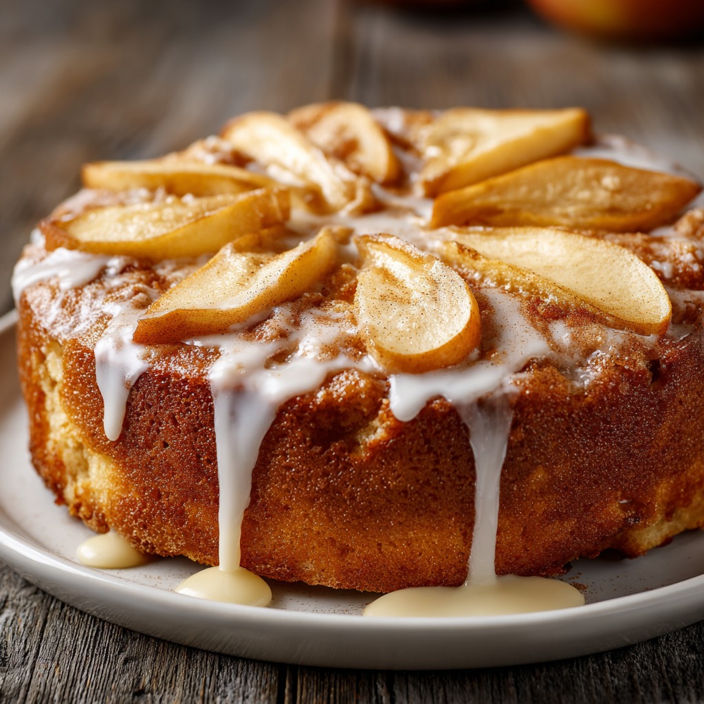 Glazed Cinnamon Apple Cake 1 Glazed Cinnamon Apple Cake on a plate with sweet vanilla glaze drizzle