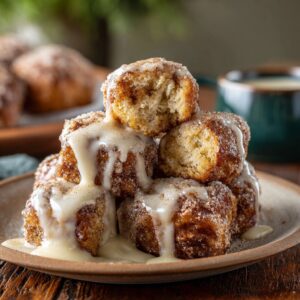 Golden-brown cinnamon roll French toast bites stacked on a plate, drizzled with icing and served with a side of maple syrup.