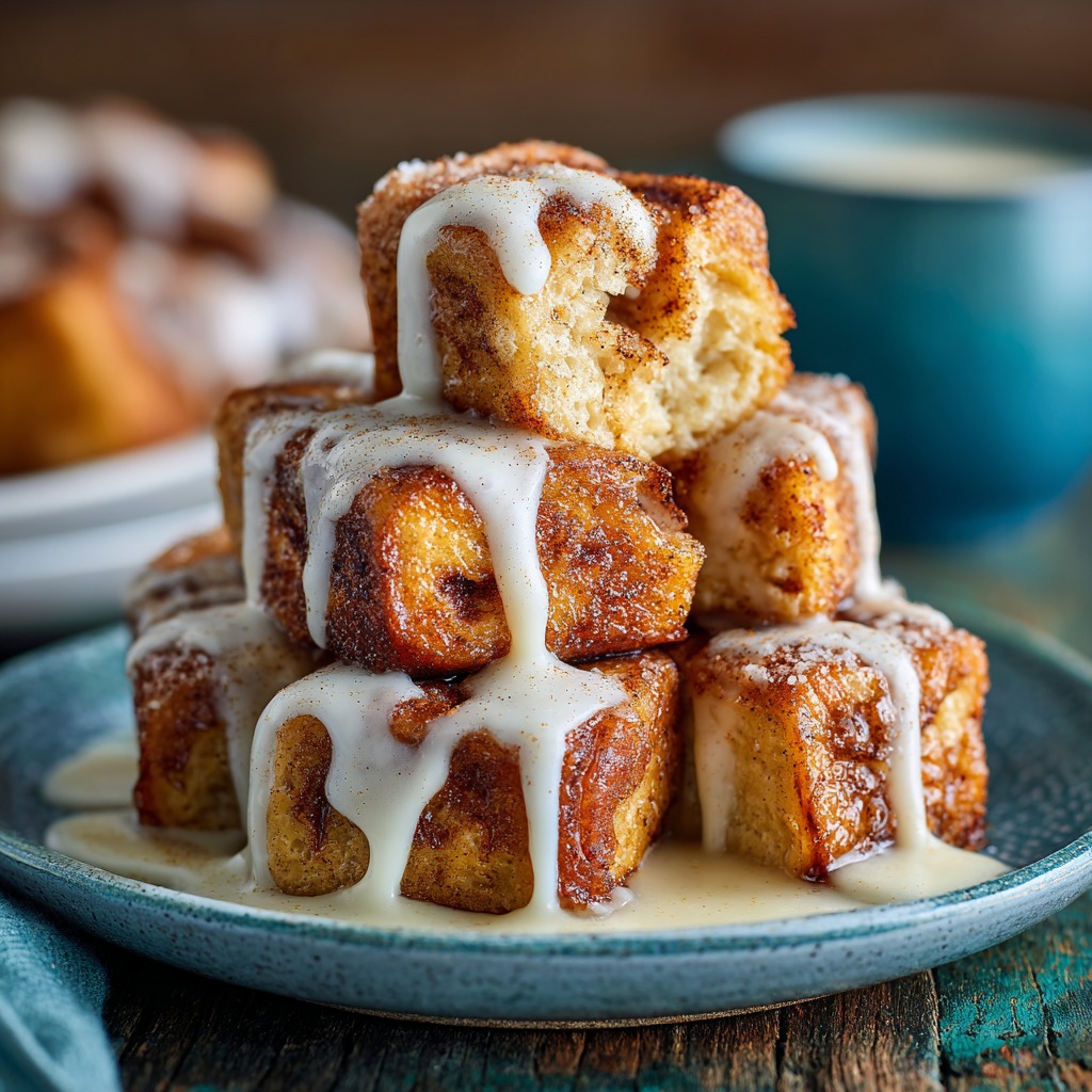 Golden-brown cinnamon roll French toast bites stacked on a plate, drizzled with icing and served with a side of maple syrup.